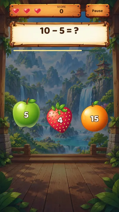 Numinja gameplay: an equation on a wooden sign and three fruits carrying answers