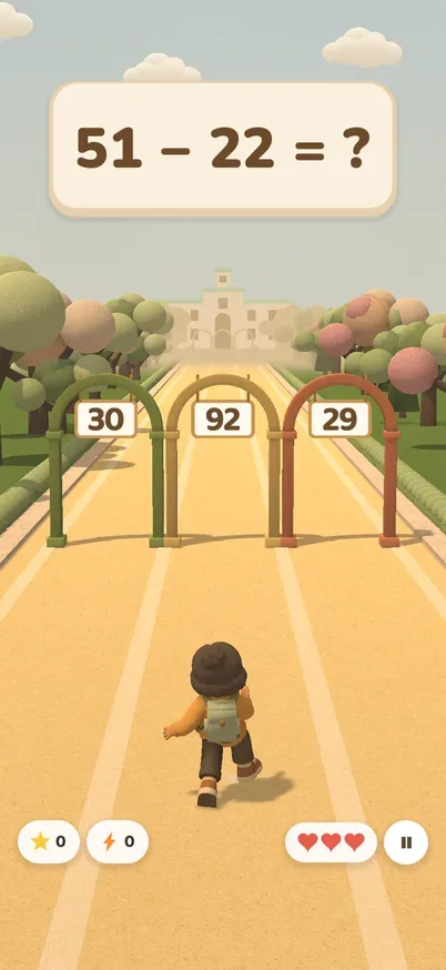 Run to Learn gameplay: a question card above three answer gates on a garden path